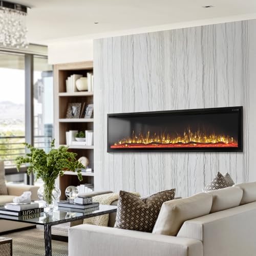 GREEN PARTY 72" Electric Fireplace Recessed/Wall Mounted Ultra-Narrow Bezel Fireplace Heater with Log & Crystal Options, 750W/1500W, Adjustable Flame Bed Colors, Speed, Timer, Temperature (60.8℉-86℉) - Thumbnail 2