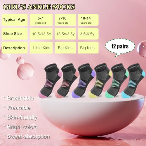 JAMEGIO 12 Pairs Girls Ankle Socks - Running, Athletic, Low Cut Socks for Little to Big Girls2
