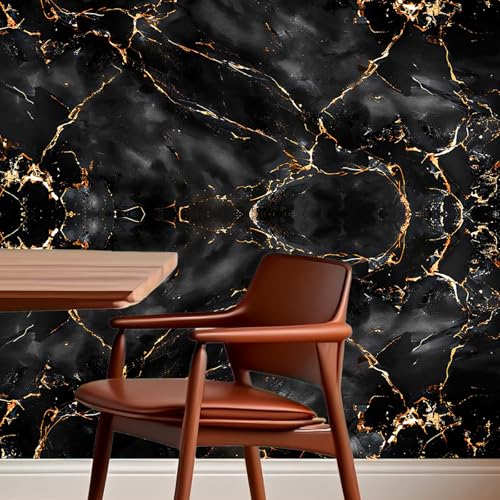 Image of Nuxovilar Black Gold Marble Wallpaper Peel Stick Vinyl 15.75x39.37 | Stone Wrap, Liners, adhesive wallpaper, countertop contact paper, for bedroom, counter, table (Black Gold)