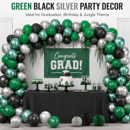 Image of Green Black Balloons Metallic Green Silver Balloons for Graduation Party Decorations Jungle Wild Theme Birthday Decor 60PCS 12INCH Green Black Silver Helium Latex Balloons