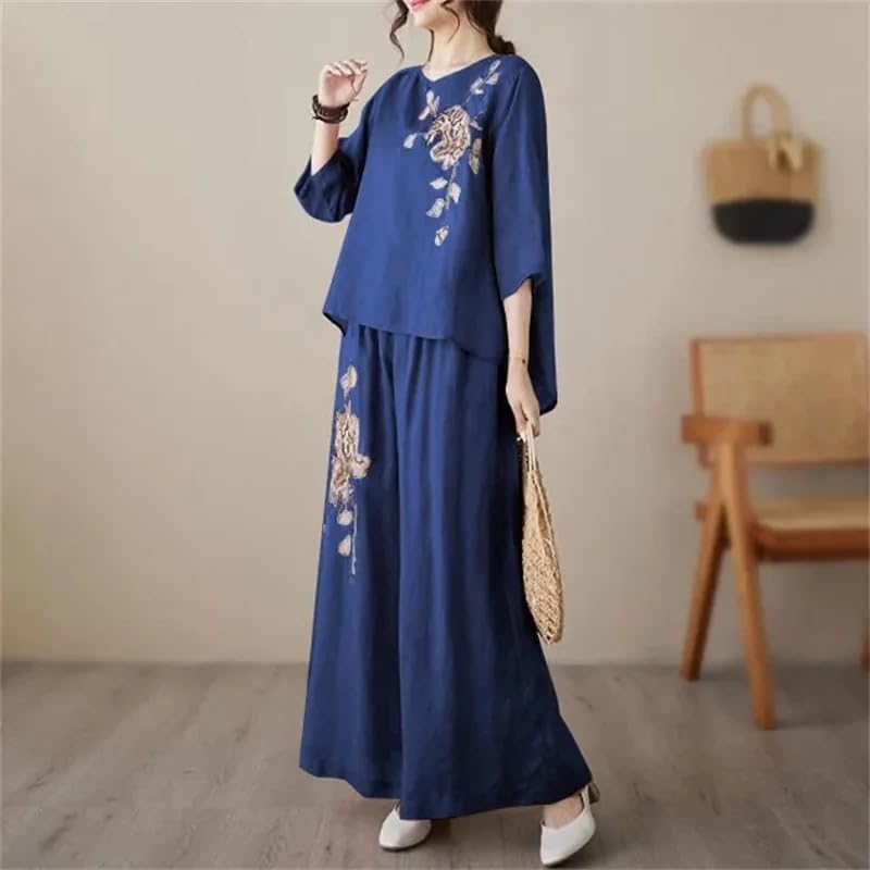 Women Linen Embroidered Pullover Two Piece Set Wide Leg Pants Casual Outfit