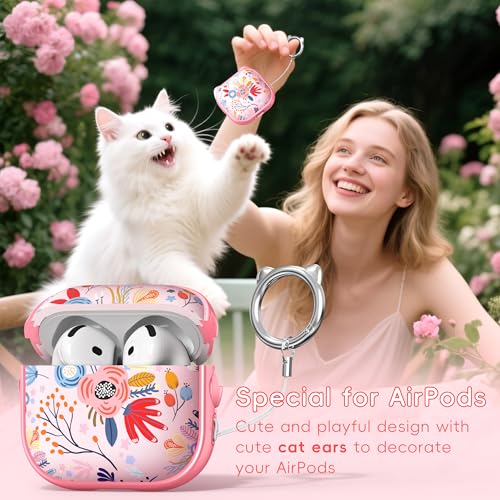Image of for AirPods 4 Case with Cleaning Kit, Cute Cat Ear Print Design & Cute Buckle, Inverted Phone Holder Design, Top Safe Lock Buckle Design, for Girls AirPods 4 case 2024, Pink Flower
