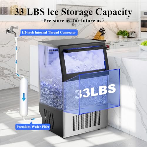 Image of Mountman Commercial Ice Maker,110lbs /24H,36 Cubes in 14 Mins,Stainless Steel Ice Machine with 33lbs Storage Capacity,Self-Cleaning,Water Filter,Under Counter /Freestanding Ice Maker for Cafe,Home