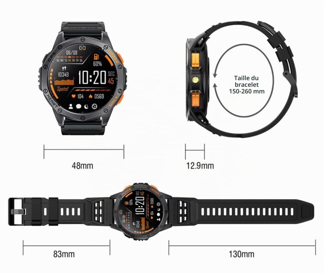 Amoled 1.43 Montre intelligente avec lampe de poche, altimètre barométrique et boussole avec batterie de 530 mAh, résistance militaire et moniteur de santé