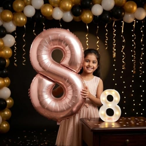 Image of Balloonistics Rose Gold 40-Inch Foil Number 8 Balloon with Matching LED Marquee Light - Combo Set for 8th Birthday, Anniversary, Party Decoration, Photo Booth Backdrop