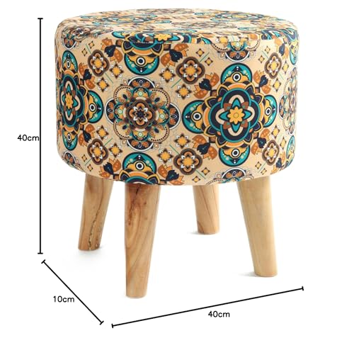 Image of NACIA Velvet Printed Ottoman Chair with Stool Combo | Dressing Table Chair for Bedroom Makeup Room Decor | Modern Upholstered Ottoman with Wooden Legs for Living Room & Home (18x18x32 Inches, Butaa)