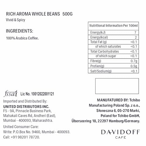 Image of Davidoff Rich Aroma Vivid & Spicy Whole Beans Coffee - 10 /12 Intensity - 100% Arabica - 500G