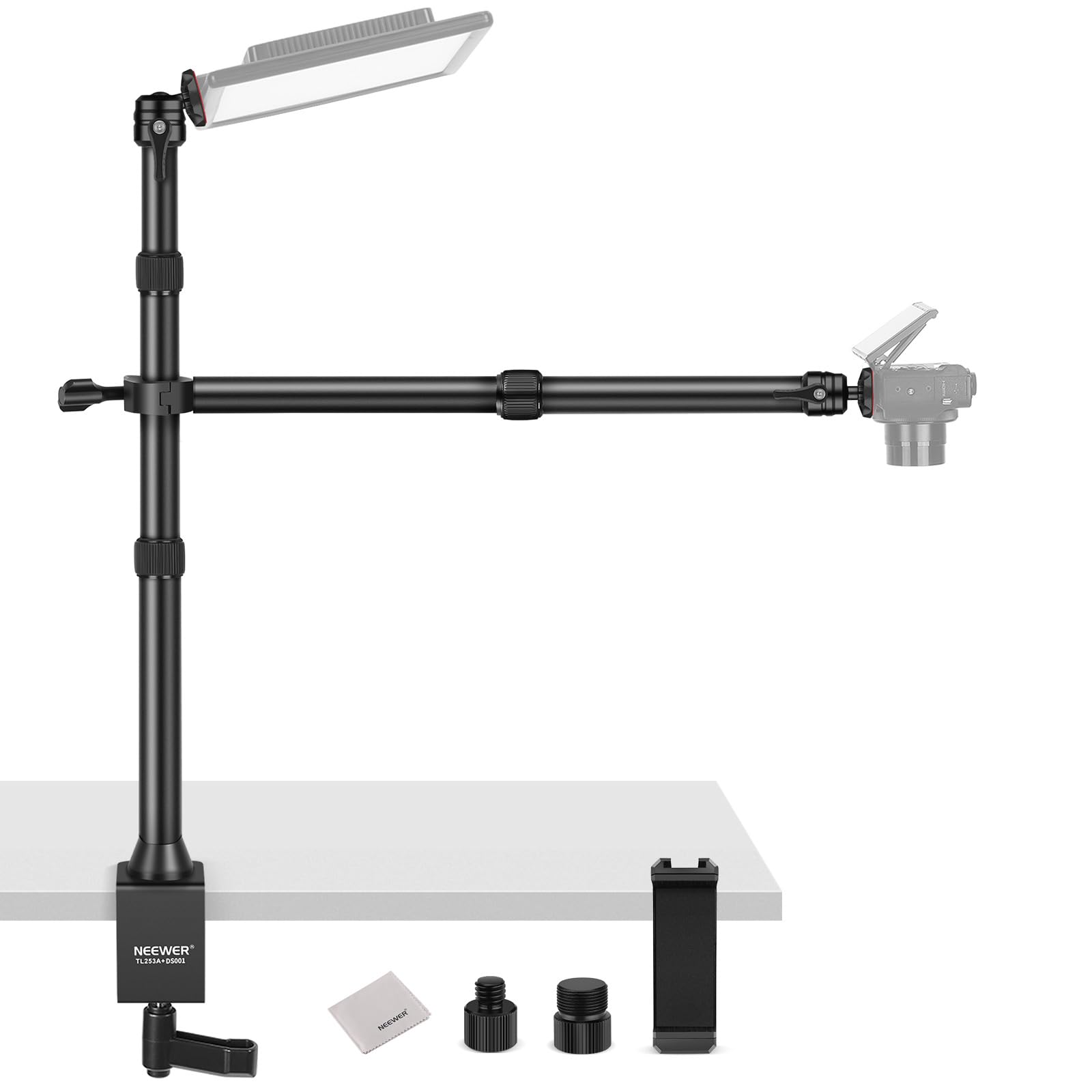 NEEWER Tischstativ mit 2 Teleskoparmen Handyhalterung für Mikrofon Kamera Webcam Ringlicht, Desktop Overhead Mikrofonhalterung mit C Klemme, Kugelköpfe, Schraubadapter, Reinigungstuch, TL253A+DS001