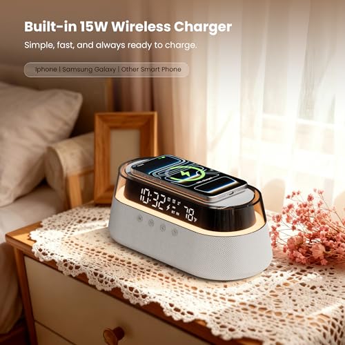 Image of 6-in-1 Bluetooth Speaker Alarm Clock with Remote, 15W Fast Wireless Charger, FM Radio & Dimmable LED Night Light, Dual Digital Clock for Bedroom Home Office, Ideal Gifts for Him, Men Women