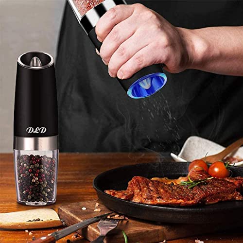 Electric Gravity Pepper Grinder Or Salt Grinder With Adjustable Thickness, Automatic Pepper Grinder Battery, With Blue Led Light, Dld One-Handoperation, Brushed Stainless Steel，Cleaning Brush #TOP1