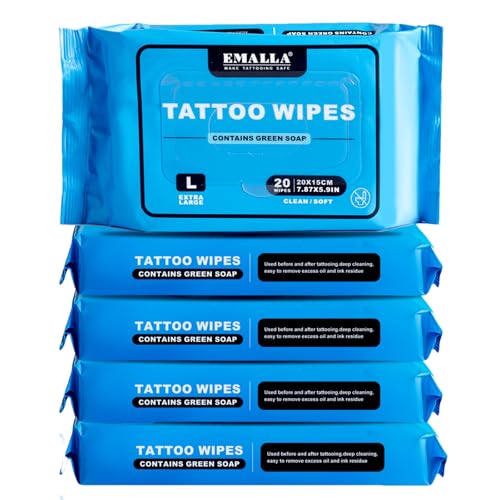 Yuelong Cleansing Green Soap Tattoo Wipes Large TattooCare Wipe for Tattooing& Aftercare Studio-Grade, Natural Formula Wipes for Tattooing, Microblading & Piercing Care (L-20Count(5 Pack))