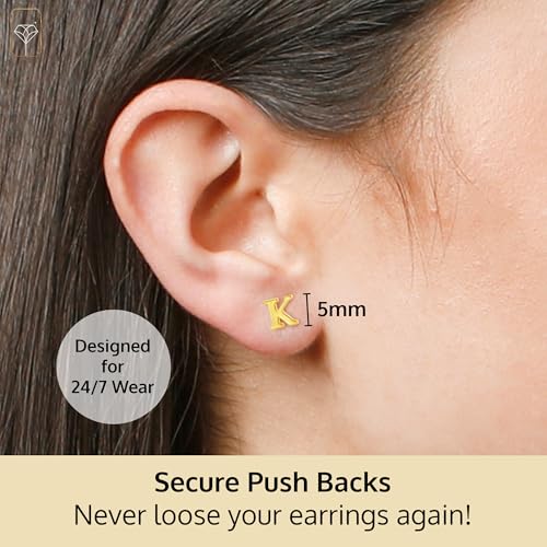 14k Gold Small Script Initial Letter Stud Earrings for Women | Anti Tarnishing 5mm 14k Gold Studs | A-Z Alphabet Earrings with Gift Box by MAX + STONE3