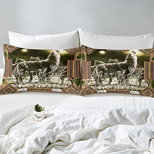 Howling Wolf Fitted Sheet Moonlight Wild Wolves Bed Sheets Bohemian Aztec Southwestern Bedding Set Twin,Rustic Wildlife Cabin Decor For Teens Boys Men,Winter Theme Bed Cover Soft Breathable,Brown #TOP3