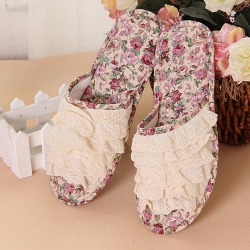 Floral Print Lace Slippers for Women Comfortable Washable Breathable Soft Cotton Indoor Slide Slip on Open Toe Home Shoes2