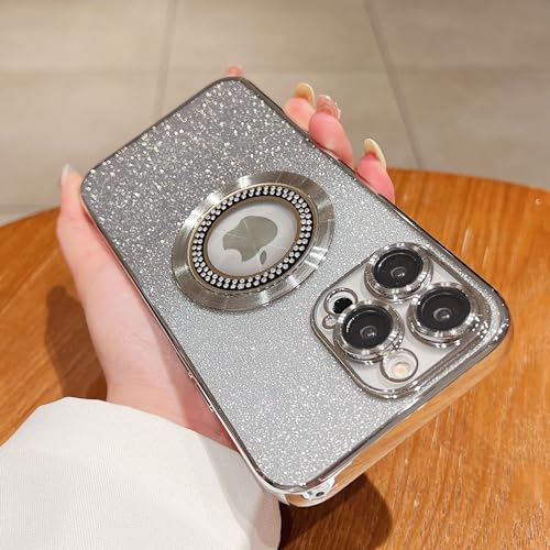 Image of Misscase for iPhone 15 Pro Max Magnetic Glitter Case Compatible with MagSafe,Full Protection Slim Shockproof Anti-Scratch Case with Camera Lens Protector Logo View Dust-Proof Net for Women Silver