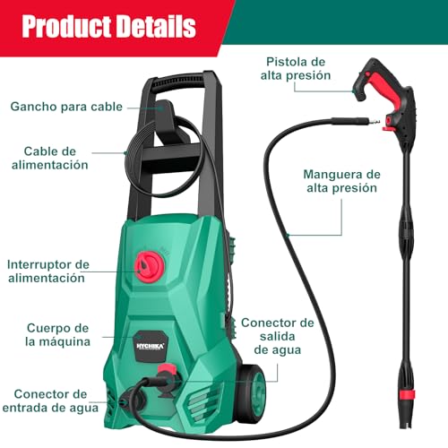 HYCHIKA Hidrolimpiadora, 110 Bar Max. 410 l/h Caudal 1500W Lavacoches Portátil con Depósito de Espuma, Manguera de Alta Presión 5m, Cable 5m, hidrolavadora Ideal para Coches Vallas Patios - imagen 3