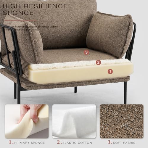 YEEFY Bouclé Loungesessel mit Metallbeinen – gepolsterter Akzentstuhl als Lesesessel, Wohnzimmerstuhl, Schlafzimmerstuhl & Balkonstuhl, moderner Polstersessel für Entspannung (Braun, 1 Stück)