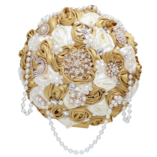 Gkvszy Bouquet de mariée ivoire et doré avec broche en strass et cordon de perles en cascade pour mariée, demoiselle d'honneur, bouquet de fleurs en satin rose doré et ivoire 22,1 cm