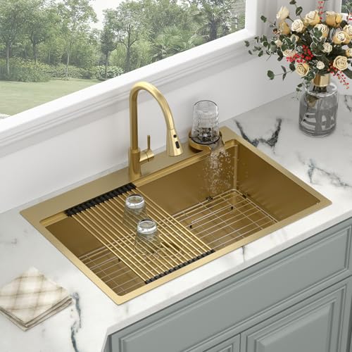 Image of 33 Gold Drop In Kitchen Sink - Kichae 33x22 Gold Brushed Stainless Steel Drop Sink 16 Gauge Ledge Workstation Single Bowl Topmount Overmount Handmade Basin with Faucet & Glass Rinser