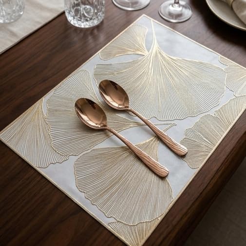 Image of HomeCloud Rectangular Waterproof Dining Table Placemats | Strong & Easy-Clean Table Mat for Dining, Center & Bedside Table | Protects from Spills, Heat & Scratches (Botanical Gold, Set of 4)