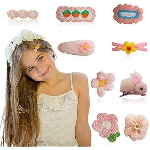 Yomolos 9 Pieces Girl Hair Clips Cute Love Barrettes Fun Rabbit Pattern Hair Accessories Flower Fruit Pattern Hair Clip Heart knitting Hairpin Cartoon Pink Color Hair Clip for Girl, Assorted Styles Cover