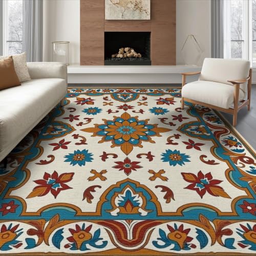 Flatwoven High Traffic Area Rug 8x10, Medallion Trellis Revival Interlocking Patterned Ornate Motif Classic, Non Slip, Stain Resistant, Washable Area Rugs for Living Room, Bedroom (Orange, 8x10)