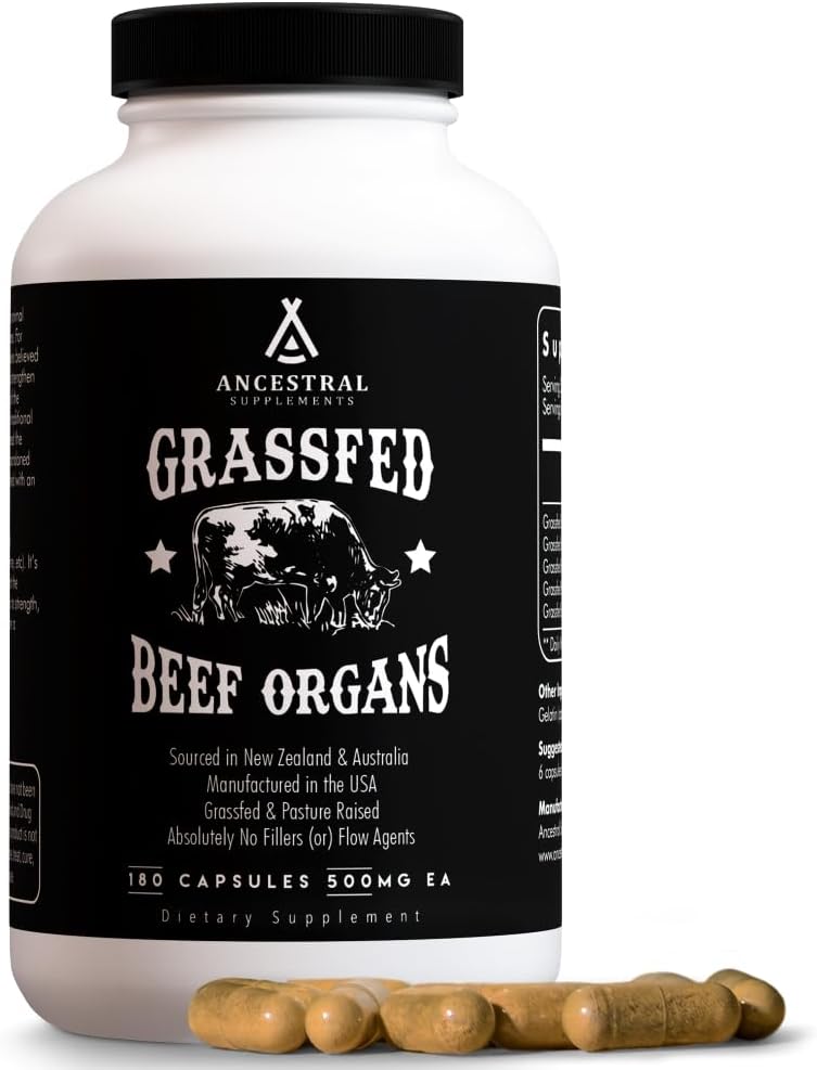 Grass Fed Beef Organ Supplement, Supports Whole Body Wellness with Proprietary Blend of Liver, Heart, Kidney, Pancreas, Spleen, Freeze-Dried Beef, Non-GMO, 180 Capsules