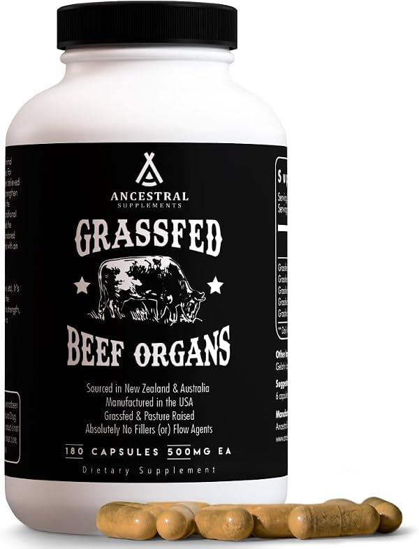 Suplemento de Órganos de Res Alimentado con Pasto Ancestral Supplements, 180 cápsulas | Mezcla patentada de órganos como hígado, corazón, riñón, páncreas y bazo para el bienestar general. Cápsulas blandas, 180 unidades (Paquete de 1)
