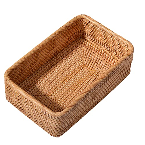 Rattan Serving Tray, Rectangular Woven Tray, Natural Wicker Decorative Serving Baskets for Organizing Bathroom Kitchen Counter Tabletop Wicker Trays for Decor