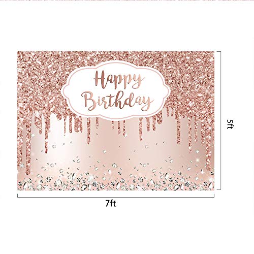 Pink Rose Golden Birthday Party Backdrop Glitter Diamonds Happy Birthday Background Girls Sweet 16 18Th 21Th Birthday Party Decorations Cake Table Banner Supplies 7X5Ft #TOP6
