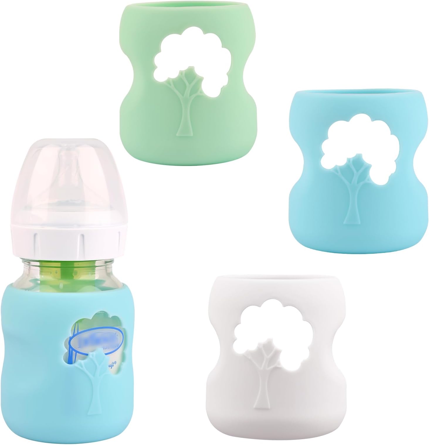 3 Pack Silicone Sleeves for Dr. Brown's Natural Glass Baby Bottles, Anti Breakage Baby Bottle Holder, Compatible Dr. Brown Wide-Neck Glass Baby Bottles 5 oz (White+Blue+Green)