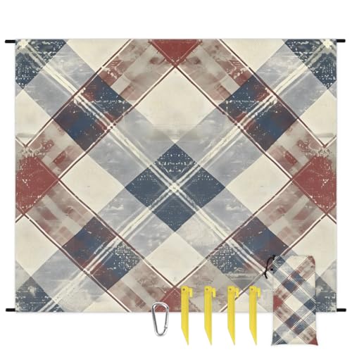 Eabrults Waterproof Sandproof Beach Blanket, 59''×68'' Retro Grid Polyester Outdoor Picnic Blanket with 4 Stakes & Storage Bag for Beach,Camping,Vacation Shape