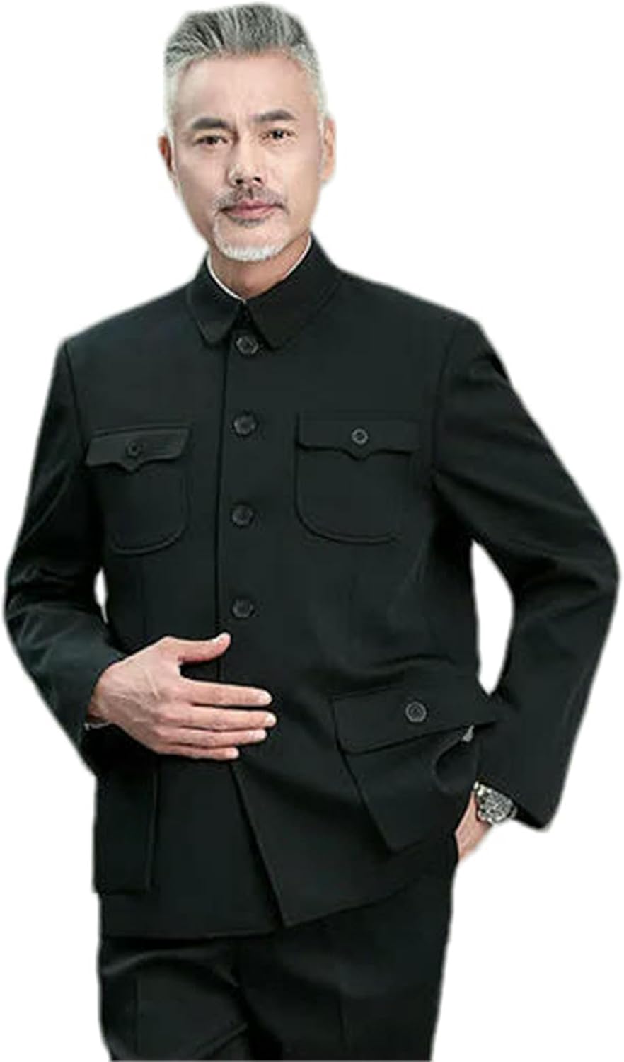 JXQXHCFS Men Mao Suit Jacket Traditional Chinese Zhongshan Tunic Coat Mandarin Collar Multi Pocket Formal Tang Style Jacket