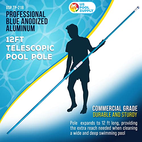 U.s. Pool Supply Professional 12 Foot Blue Anodized Aluminum Telescopic Swimming Pool Pole, Adjustable 2 Piece Expandable Step-Up - Attach Connect Skimmer Nets, Rakes, Brushes, Vacuum Heads With Hoses #TOP1