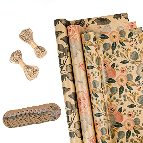 RUSPEPA Rollos De Papel De Envolver Con Etiquetas, Hilo De Yute - 43 cm X 3 m Por Rollo, Total De 3 Rollos, Flores
