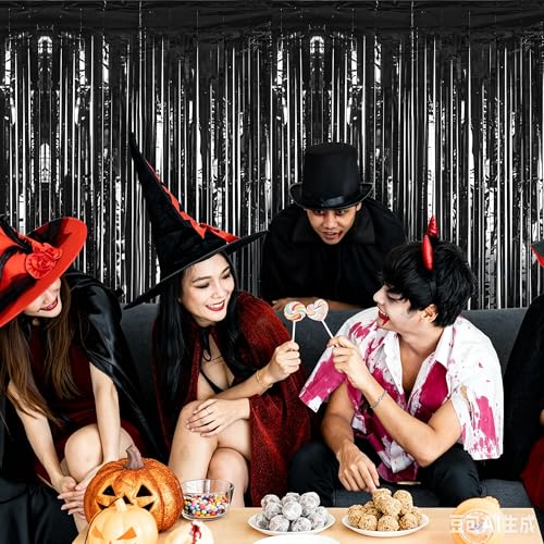 Image of ZATAYE 4 Pack Black Halloween Foil Curtain Streamer Decorations | Black, Metallic Foil, 3.28 x 7.05 FT, Tinsel Backdrop, Foil Curtain Streamer, Halloween New Years Eve Party