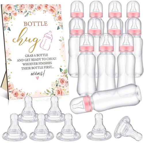 TrelaCo Floral Cool Baby Shower Games Bottle Chug Sign Wooden Floral Gift Sets Gender Reveal Party Favors and 12 Pcs Baby Bottle Shower Favor for Games Gender Reveal