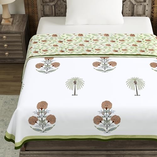 Image of BLOCKS OF INDIA Hand Block Printed Cotton Single Size Reversible Malmal Dohar for Summer (Open Green Motif)