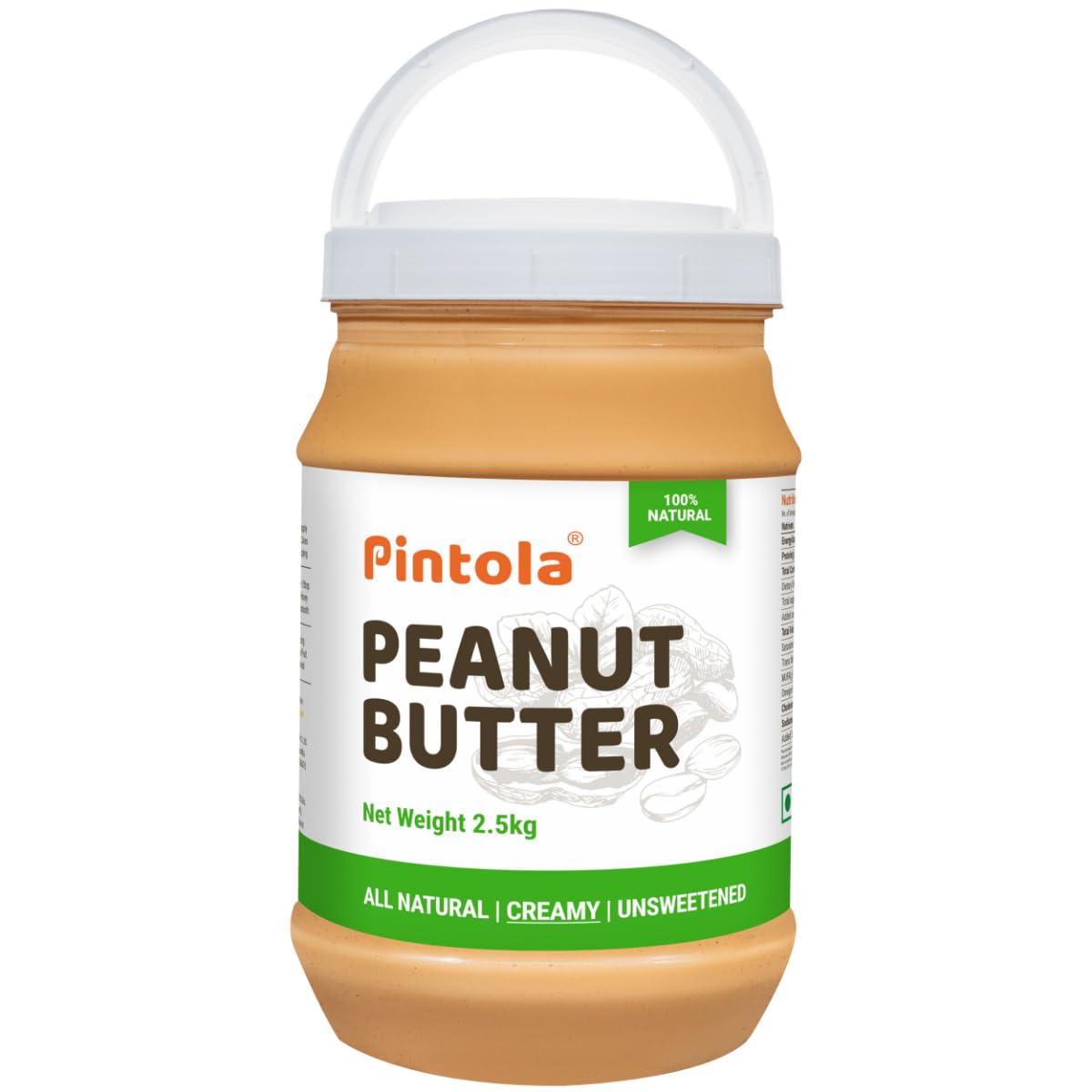 Pintola All Natural Peanut Butter Creamy 2.5kg, Smooth, Unsweetened, 30g Protein | Gluten & Cholesterol Free, Vegan Peanut Butter, Nut Butter, High in Protein Spread, 100% Pure Roasted peanuts butter
