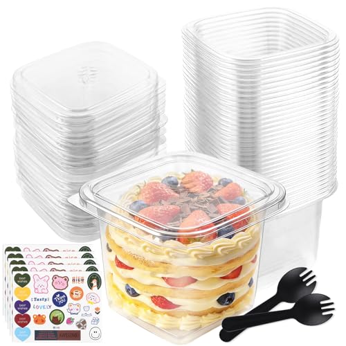 Ghligna 100 Pièces Verrine Plastique Avec Couvercles, Verrine Tiramisu Carrés, Gobelet Plastique Avec Couvercle Clair, Boite Tiramisu Solides et...
