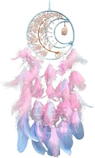 Boho Pink Moon Dream Catcher with Blue Feathers, Handmade Macrame Wall Hanging, Gift Box & White Raffia Included, Decor for Girls Room Nursery