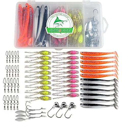 JOHNCOO Soft Lures Fishing Tackle Set Swimbaits Lures Kit Paddle Tails Craw Baits Curved Tail Grubs Weighted Hooks Swivels Fishing Accessories for Bass Pike Trout in Freshwater or Saltwater Cover