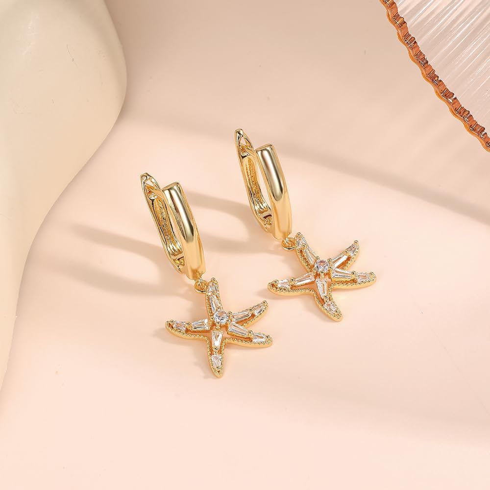 Xeyai Dainty Cute Huggie Hoop Earrings for Women,Zirconia Rhinestone Crystal Starfish Dangle Hypoallergenic Earrings for Women Trendy Jewelry Gift - Image 2