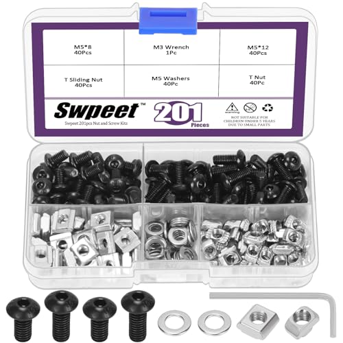 Swpeet Kit de 201 tornillos de tuerca en T M5 con tornillos de cabeza de botón hexagonal, tuercas en T, tuercas deslizantes en T, arandelas, kit de llaves, tornillos de cabeza de enchufe, tuerca
