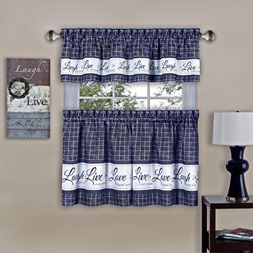 Image of GoodGram Country Gingham Check Live~Laugh~Love 3 Pc. Cafe Plaid Kitchen Curtain Set - Assorted Colors & Sizes (Navy, 24 in. L)