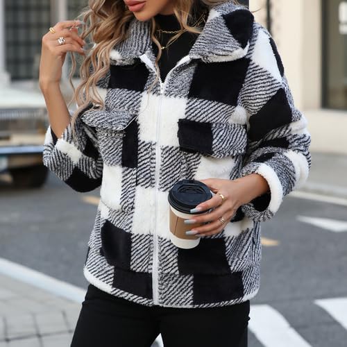 Womens Fleece Sherpa Jackets Fall Winter Full Zip Plaid Coat with Pocket2