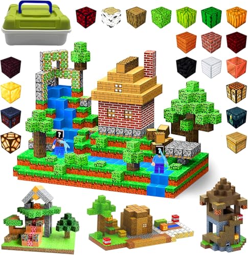 Lnxquizzic Magnetische Bausteine 120 Stück,2 Miner Figur,Zomblock Magnetblöcke für Kinder, Baue Meine Magnetwelt, STEM Montessori Sensorikspielzeug, Geschenke Magnetbausteine für Kinder ab 3 Jahren