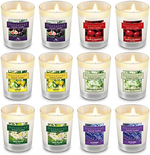 Housecret Pack of 12 Strong Scented Candles Gift Set with 6 Fragrances for Home and Women, Aromatherapy Soy Wax Glass Jar Candle