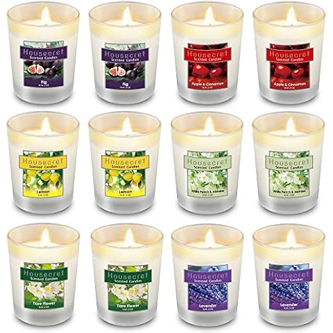 Housecret Pack of 12 Strong Scented Candles Gift Set with 6 Fragrances for Home and Women, Aromatherapy Soy Wax Glass Jar Candle Cover