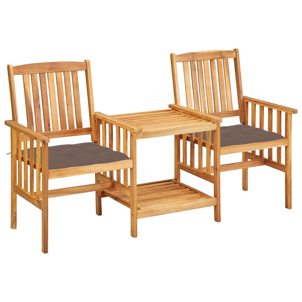 Gartenbank mit integriertem Tisch aus Akazie Massivholz, 2-Sitzer Sitzgruppe mit Kissen in Taupe für Garten Balkon und Terrasse, Gartenmöbel Set mit Ablage